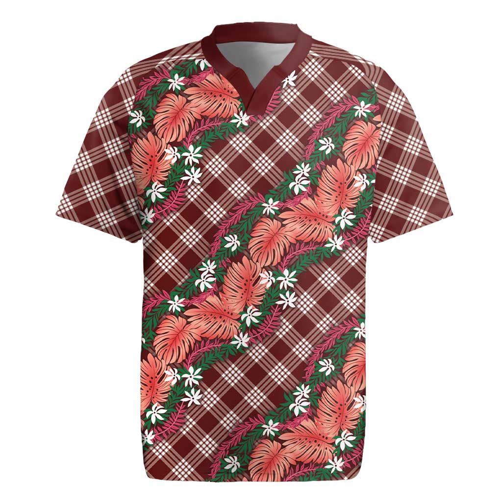 Polynesian Monstera Tiare Floral Rugby Jersey Burgundy Tropical Plaid LT01 Red - Polynesian Pride