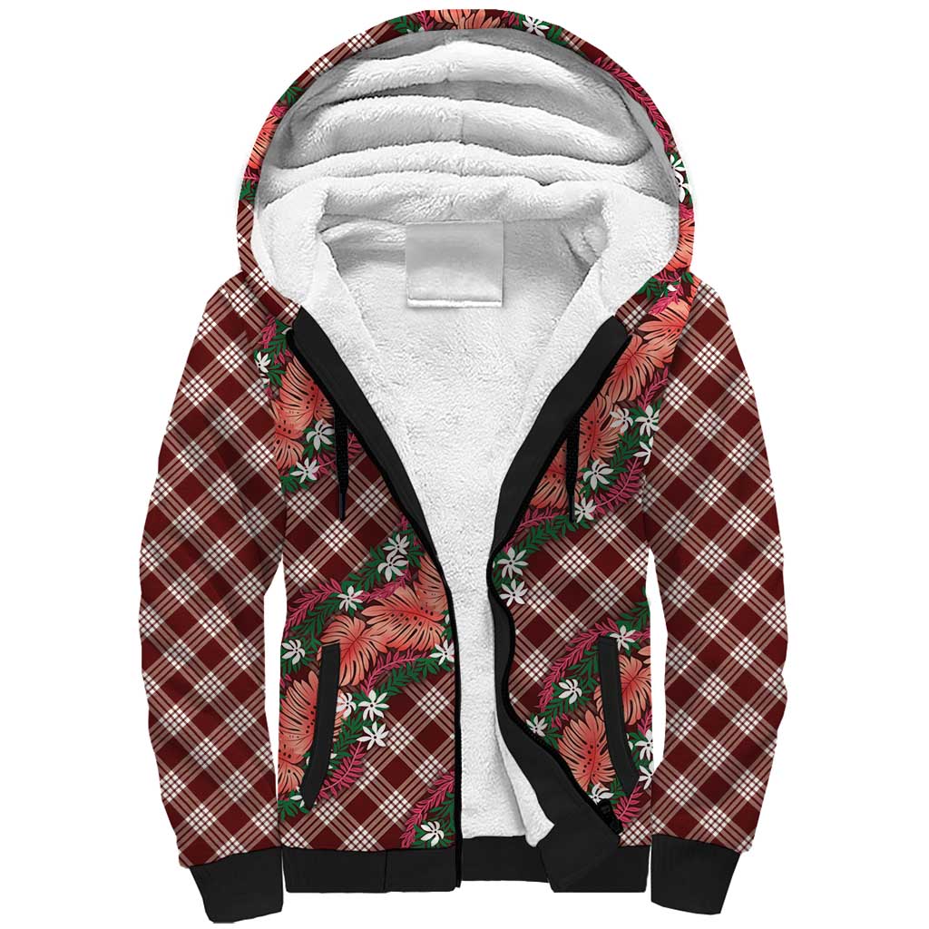 Polynesian Monstera Tiare Floral Sherpa Hoodie Burgundy Tropical Plaid LT01 Unisex Red - Polynesian Pride