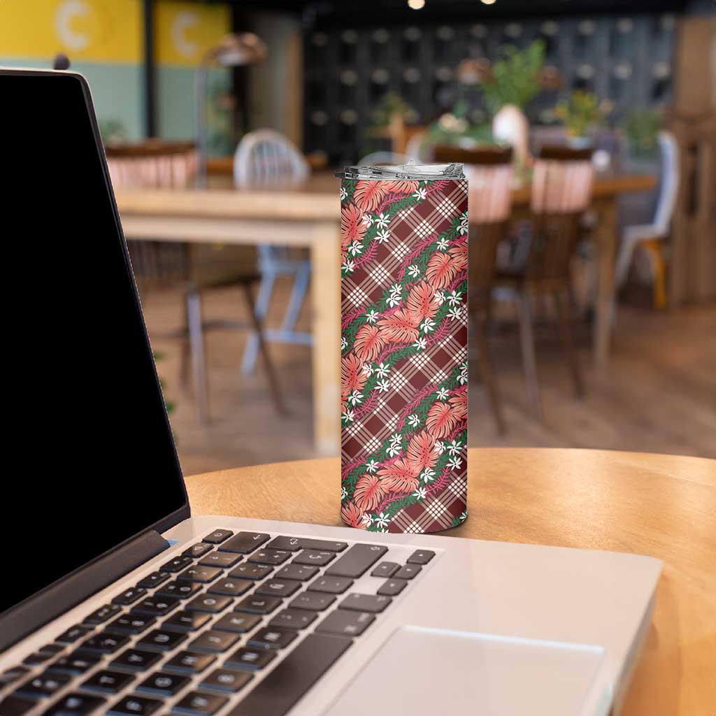 Polynesian Monstera Tiare Floral Skinny Tumbler Burgundy Tropical Plaid - Polynesian Pride