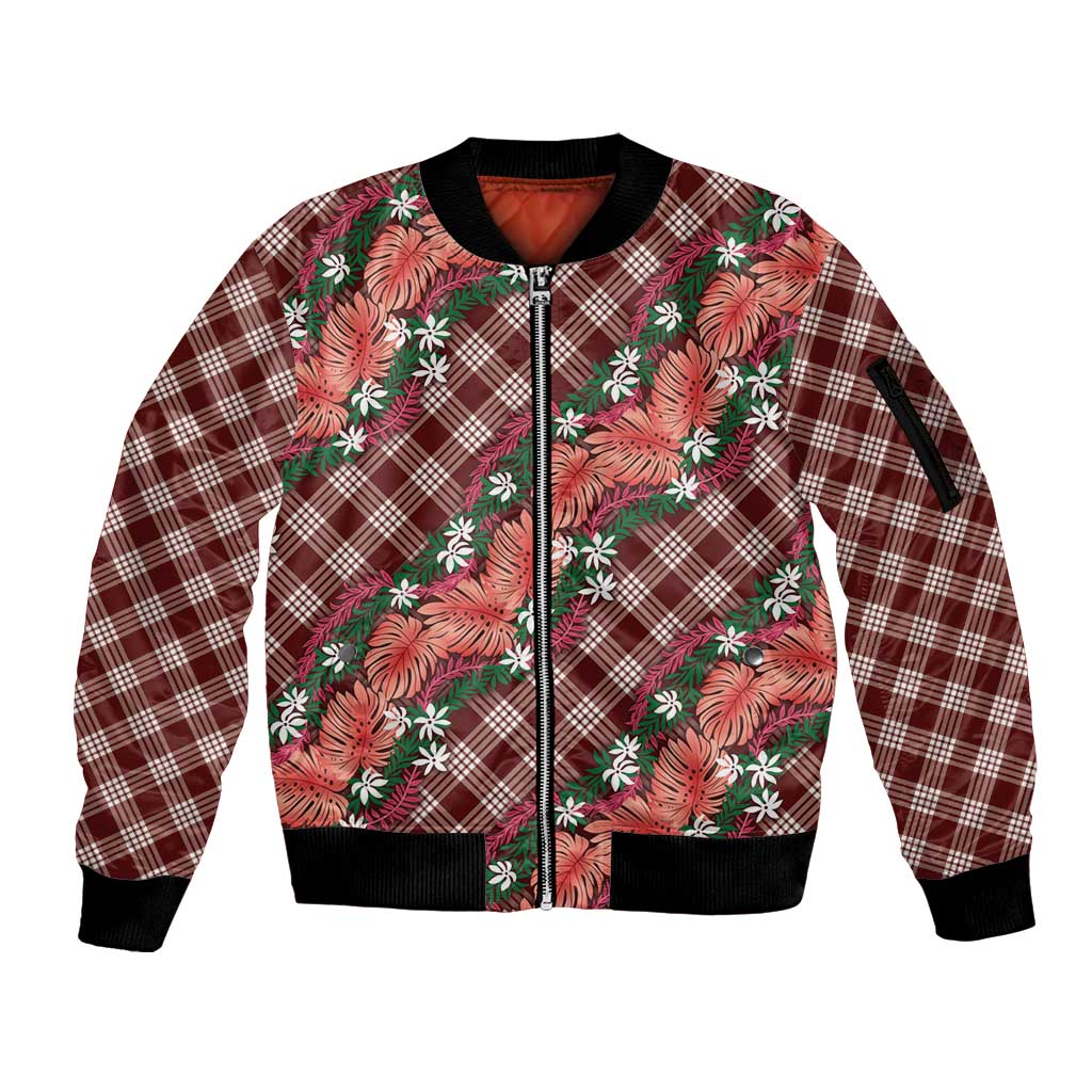 Polynesian Monstera Tiare Floral Sleeve Zip Bomber Jacket Burgundy Tropical Plaid LT01 Unisex Red - Polynesian Pride