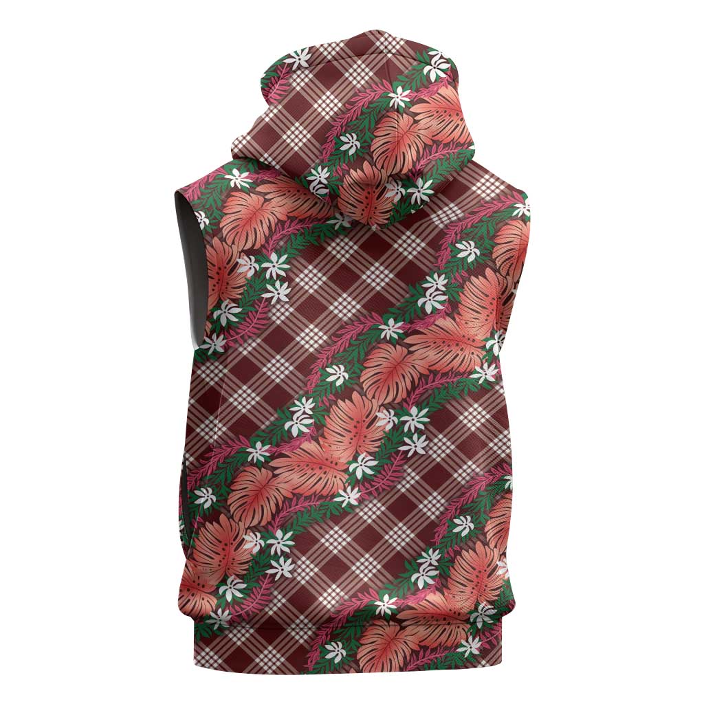 Polynesian Monstera Tiare Floral Sleeveless Zip Hoodie Burgundy Tropical Plaid - Polynesian Pride