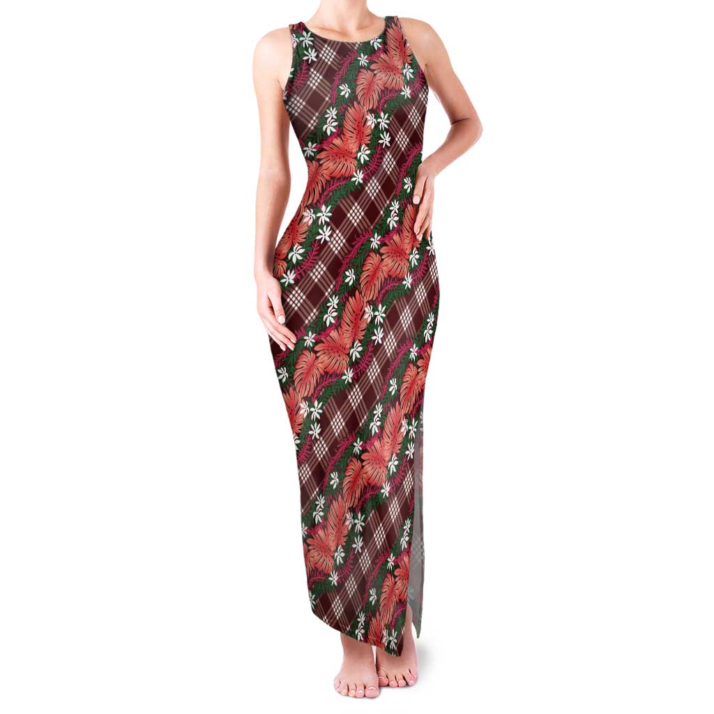 Polynesian Monstera Tiare Floral Tank Maxi Dress Burgundy Tropical Plaid - Polynesian Pride