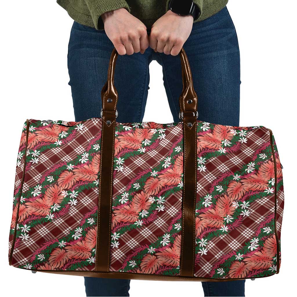 Polynesian Monstera Tiare Floral Travel Bag Burgundy Tropical Plaid LT01 Red - Polynesian Pride