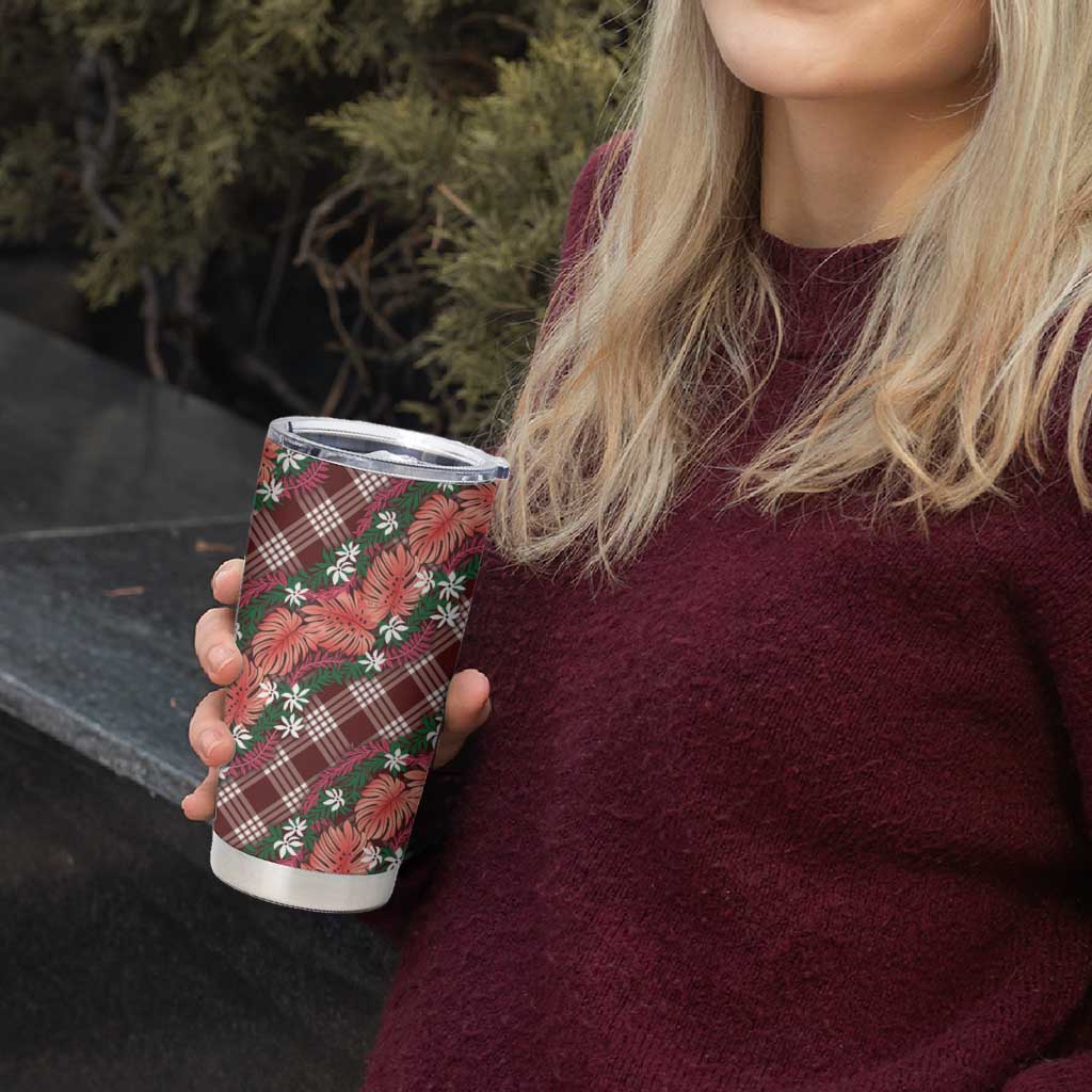 Polynesian Monstera Tiare Floral Tumbler Cup Burgundy Tropical Plaid LT01 - Polynesian Pride