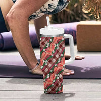 Polynesian Monstera Tiare Floral Tumbler With Handle Burgundy Tropical Plaid - Polynesian Pride