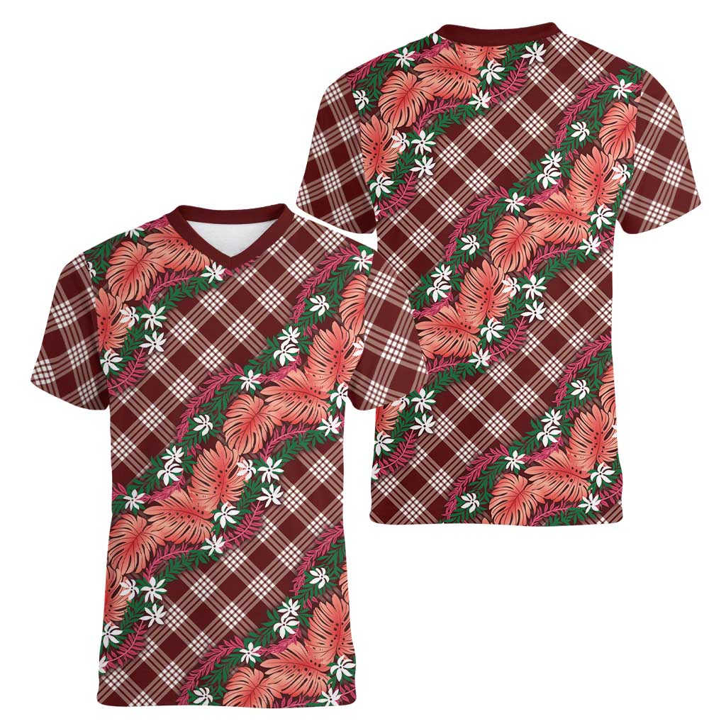 Polynesian Monstera Tiare Floral Women V-Neck T-Shirt Burgundy Tropical Plaid - Polynesian Pride