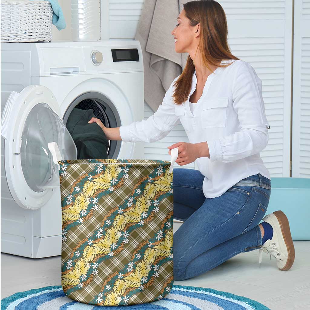 Polynesian Monstera Tiare Floral Laundry Basket Yellow Tropical Plaid - Polynesian Pride