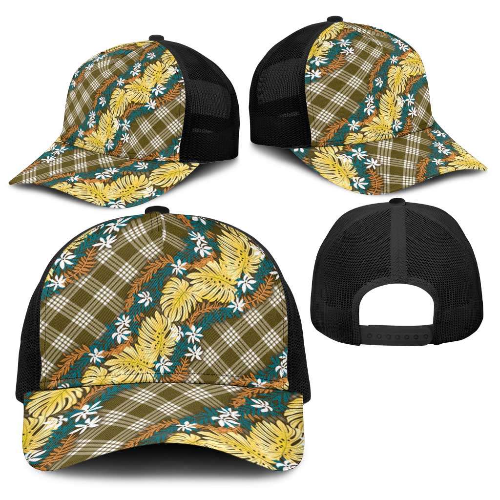 Polynesian Monstera Tiare Floral Baseball Net Cap Yellow Tropical Plaid - Polynesian Pride