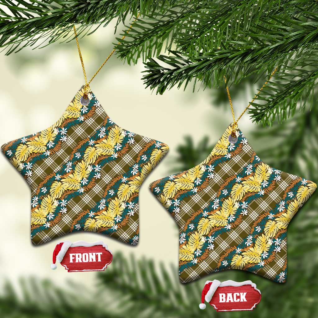 Polynesian Monstera Tiare Floral Ceramic Ornament Yellow Tropical Plaid - Polynesian Pride