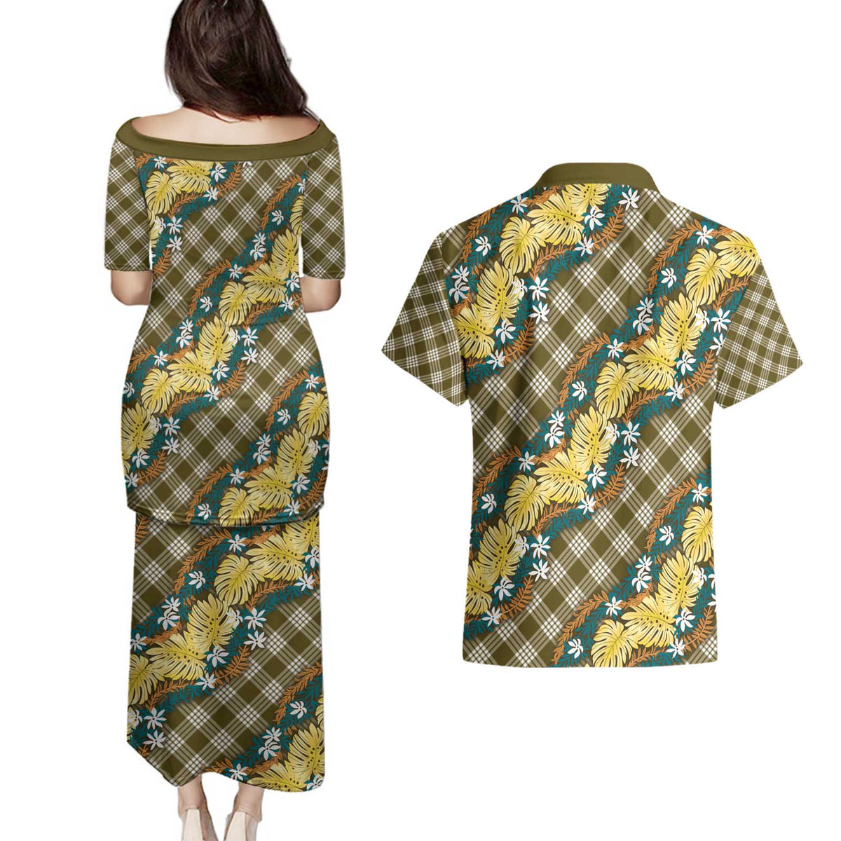 Polynesian Monstera Tiare Floral Couples Matching Puletasi and Hawaiian Shirt Yellow Tropical Plaid - Polynesian Pride