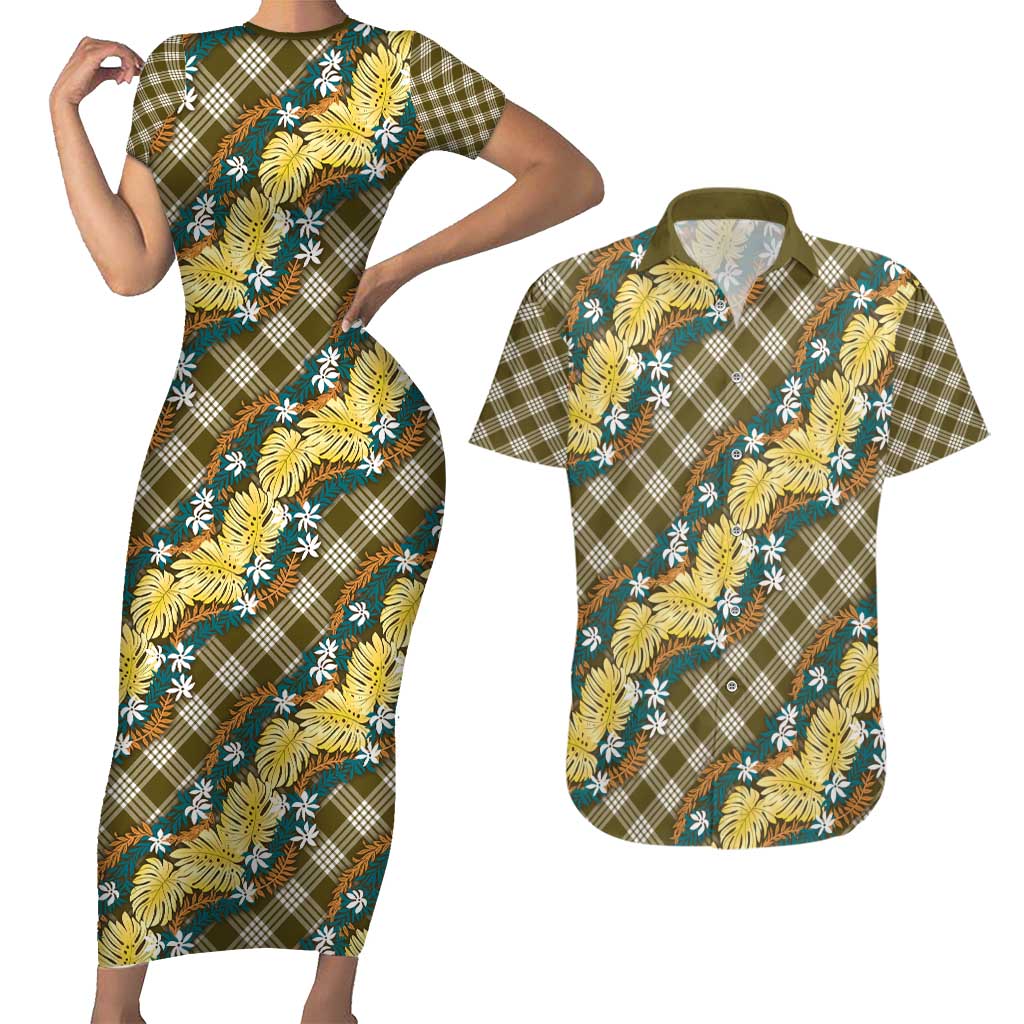 Polynesian Monstera Tiare Floral Couples Matching Short Sleeve Bodycon Dress and Hawaiian Shirt Yellow Tropical Plaid LT01 Yellow - Polynesian Pride