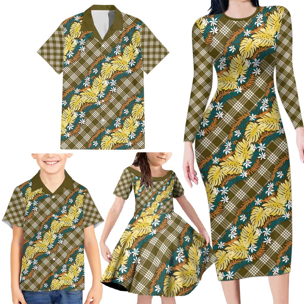 Polynesian Monstera Tiare Floral Family Matching Long Sleeve Bodycon Dress and Hawaiian Shirt Yellow Tropical Plaid LT01 - Polynesian Pride