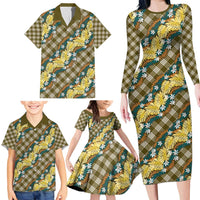 Polynesian Monstera Tiare Floral Family Matching Long Sleeve Bodycon Dress and Hawaiian Shirt Yellow Tropical Plaid LT01 - Polynesian Pride