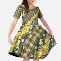 Polynesian Monstera Tiare Floral Family Matching Mermaid Dress and Hawaiian Shirt Yellow Tropical Plaid LT01 Daughter's Dress Yellow - Polynesian Pride