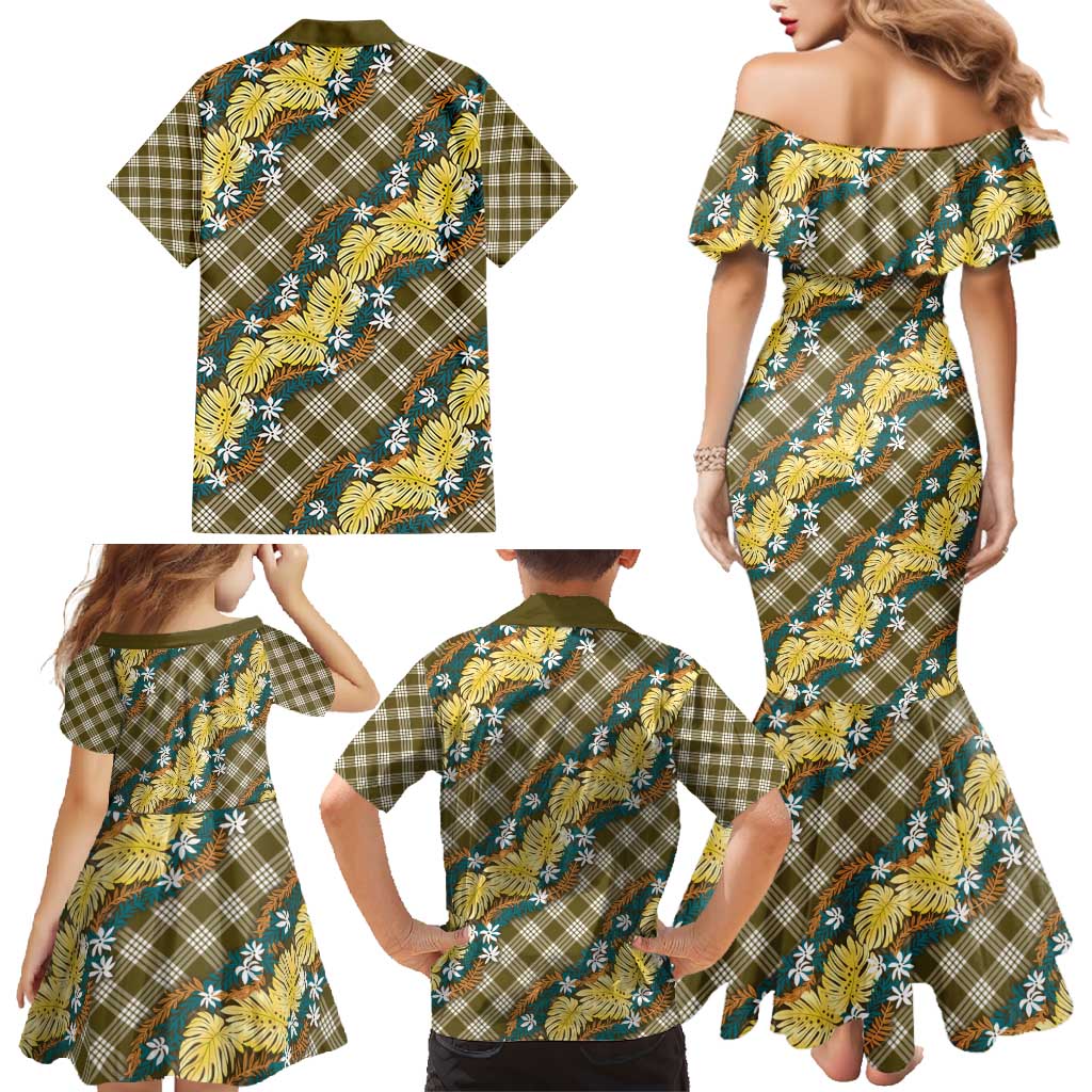 Polynesian Monstera Tiare Floral Family Matching Mermaid Dress and Hawaiian Shirt Yellow Tropical Plaid LT01 - Polynesian Pride