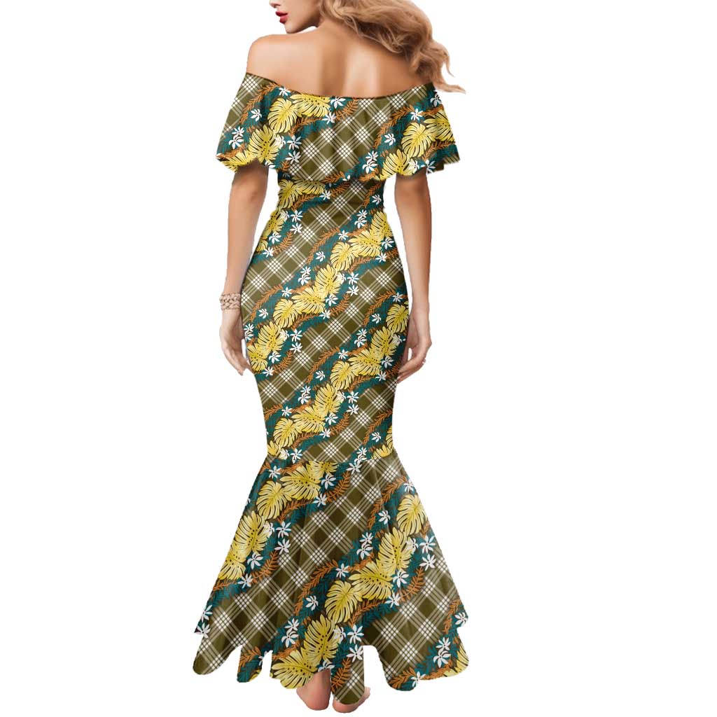 Polynesian Monstera Tiare Floral Family Matching Mermaid Dress and Hawaiian Shirt Yellow Tropical Plaid LT01 - Polynesian Pride
