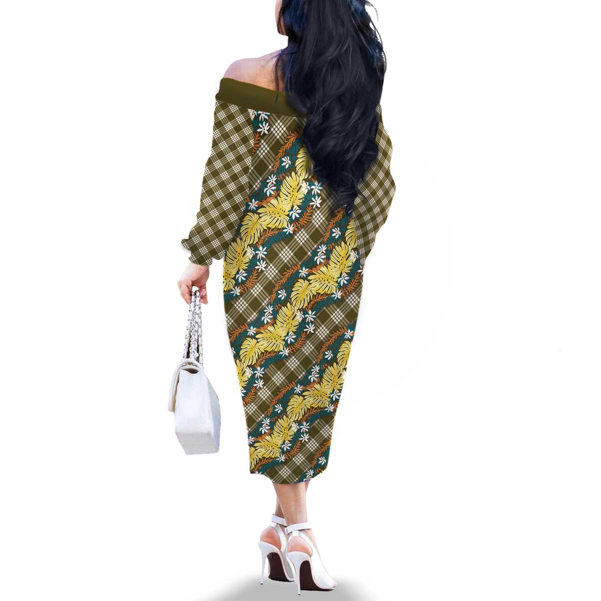 Polynesian Monstera Tiare Floral Family Matching Off The Shoulder Long Sleeve Dress and Hawaiian Shirt Yellow Tropical Plaid LT01 - Polynesian Pride