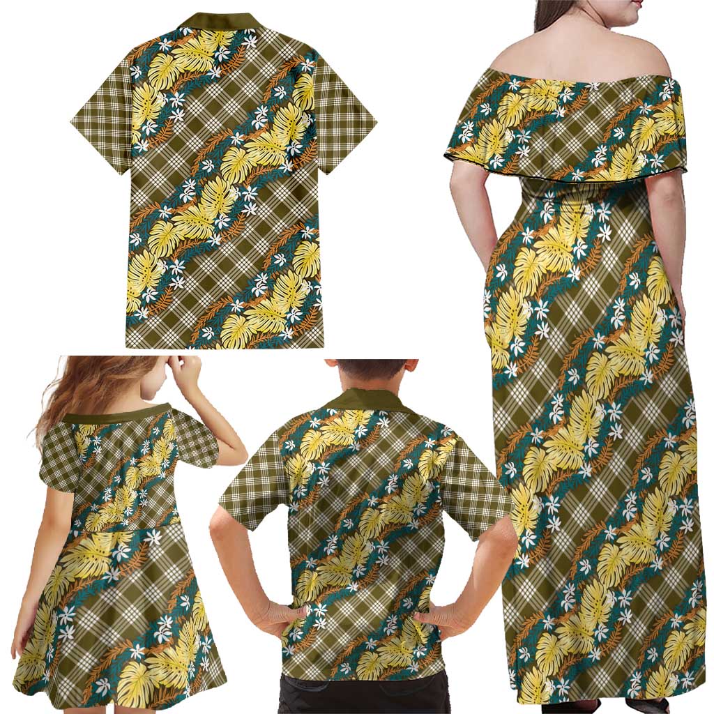 Polynesian Monstera Tiare Floral Family Matching Off Shoulder Maxi Dress and Hawaiian Shirt Yellow Tropical Plaid LT01 - Polynesian Pride