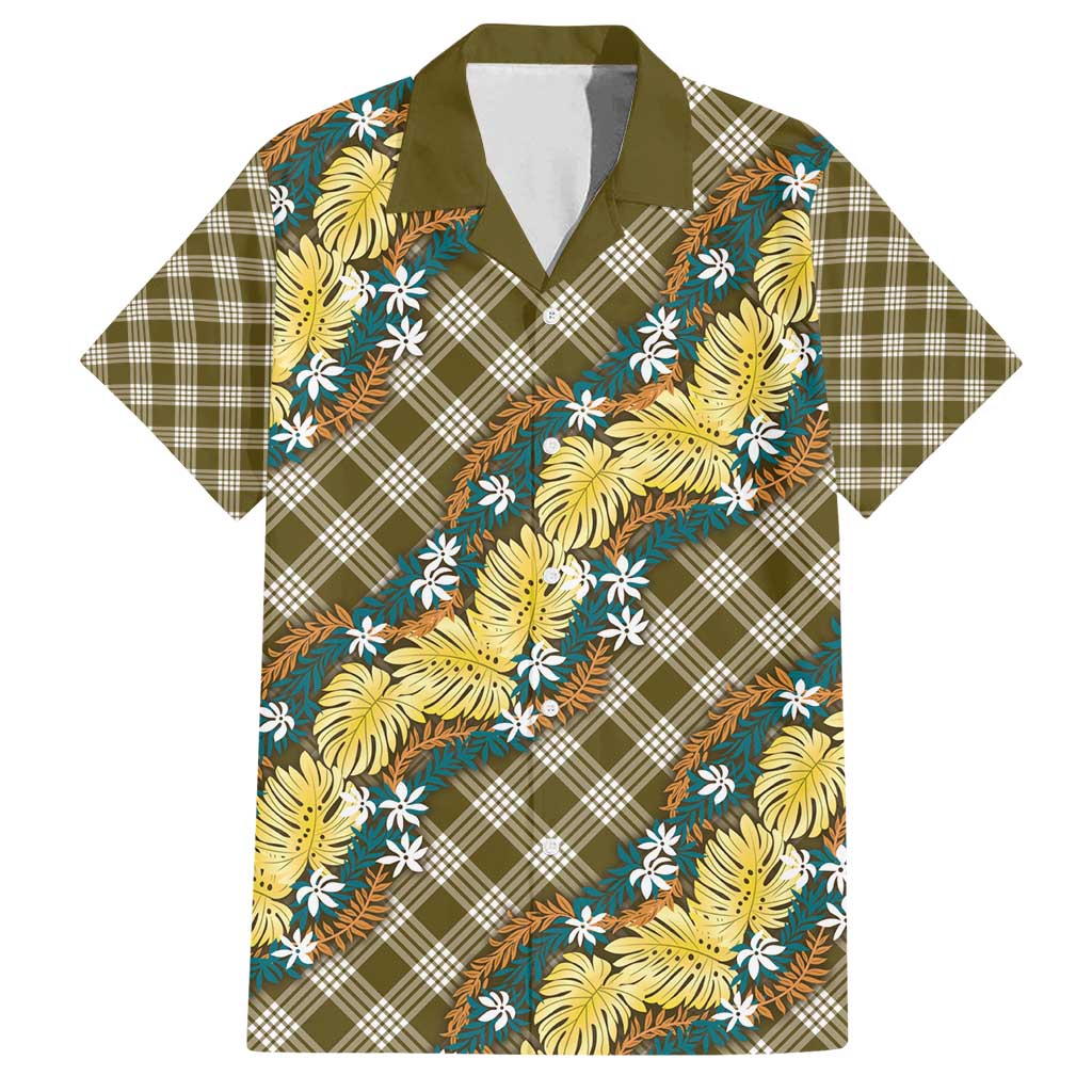 Polynesian Monstera Tiare Floral Family Matching Off Shoulder Maxi Dress and Hawaiian Shirt Yellow Tropical Plaid LT01 Dad's Shirt - Short Sleeve Yellow - Polynesian Pride