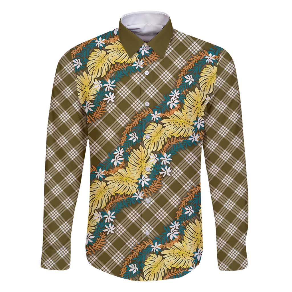 Polynesian Monstera Tiare Floral Family Matching Off Shoulder Maxi Dress and Hawaiian Shirt Yellow Tropical Plaid LT01 Dad's Shirt - Long Sleeve Yellow - Polynesian Pride
