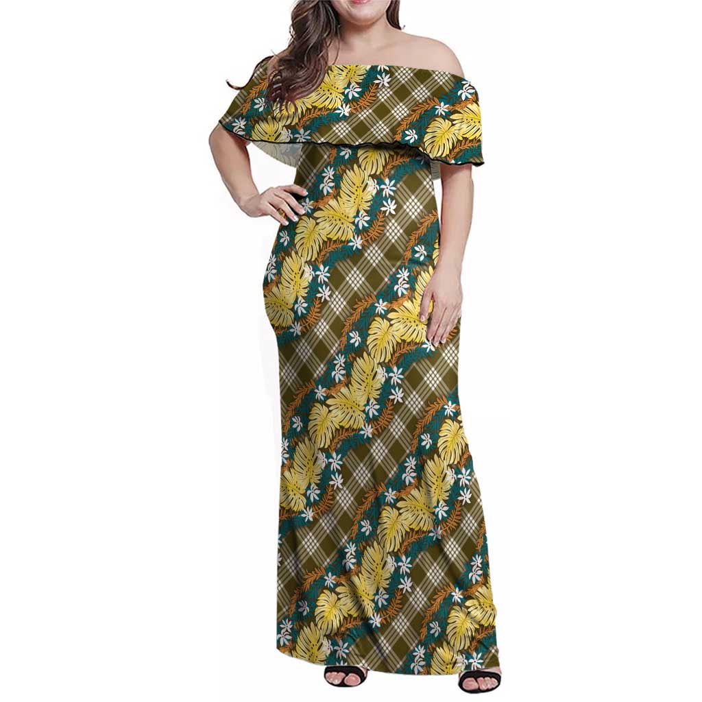 Polynesian Monstera Tiare Floral Family Matching Off Shoulder Maxi Dress and Hawaiian Shirt Yellow Tropical Plaid LT01 Mom's Dress Yellow - Polynesian Pride