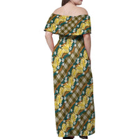 Polynesian Monstera Tiare Floral Family Matching Off Shoulder Maxi Dress and Hawaiian Shirt Yellow Tropical Plaid LT01 - Polynesian Pride