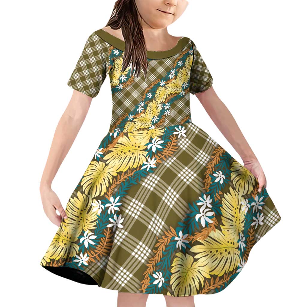 Polynesian Monstera Tiare Floral Family Matching Off Shoulder Short Dress and Hawaiian Shirt Yellow Tropical Plaid LT01 Daughter's Dress Yellow - Polynesian Pride