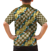 Polynesian Monstera Tiare Floral Family Matching Short Sleeve Bodycon Dress and Hawaiian Shirt Yellow Tropical Plaid LT01 - Polynesian Pride