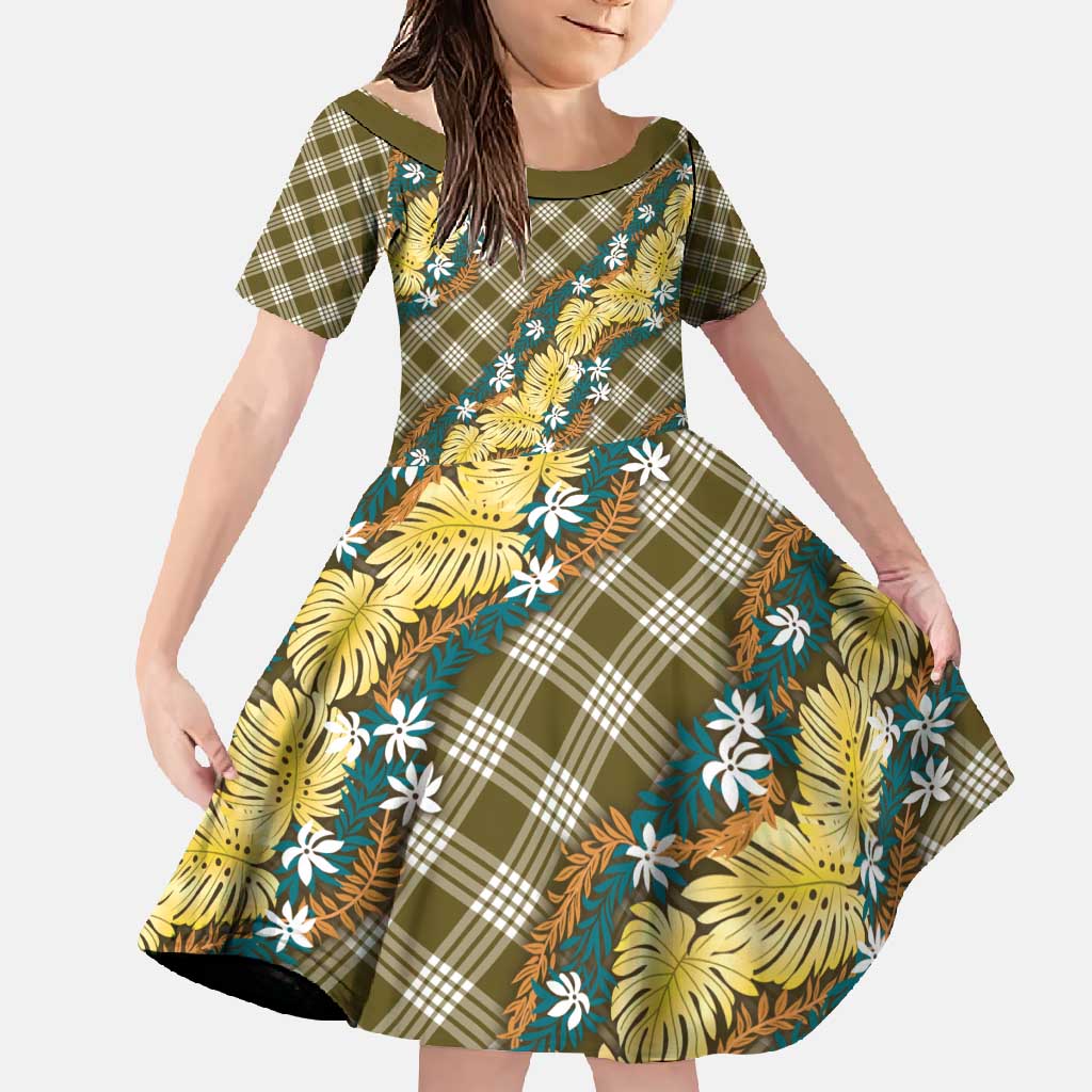 Polynesian Monstera Tiare Floral Family Matching Summer Maxi Dress and Hawaiian Shirt Yellow Tropical Plaid LT01 Daughter's Dress Yellow - Polynesian Pride
