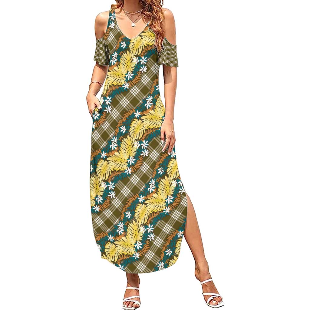 Polynesian Monstera Tiare Floral Family Matching Summer Maxi Dress and Hawaiian Shirt Yellow Tropical Plaid LT01 Mom's Dress Yellow - Polynesian Pride