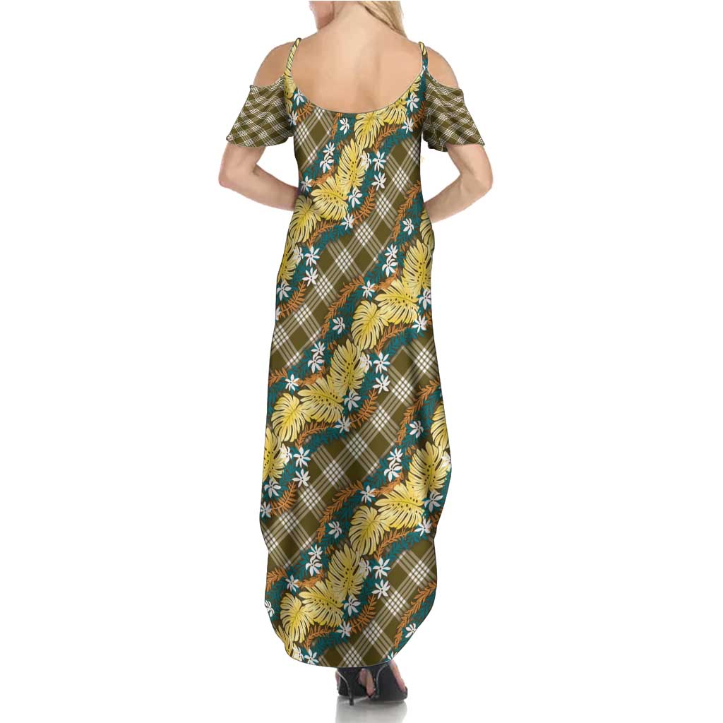 Polynesian Monstera Tiare Floral Family Matching Summer Maxi Dress and Hawaiian Shirt Yellow Tropical Plaid LT01 - Polynesian Pride