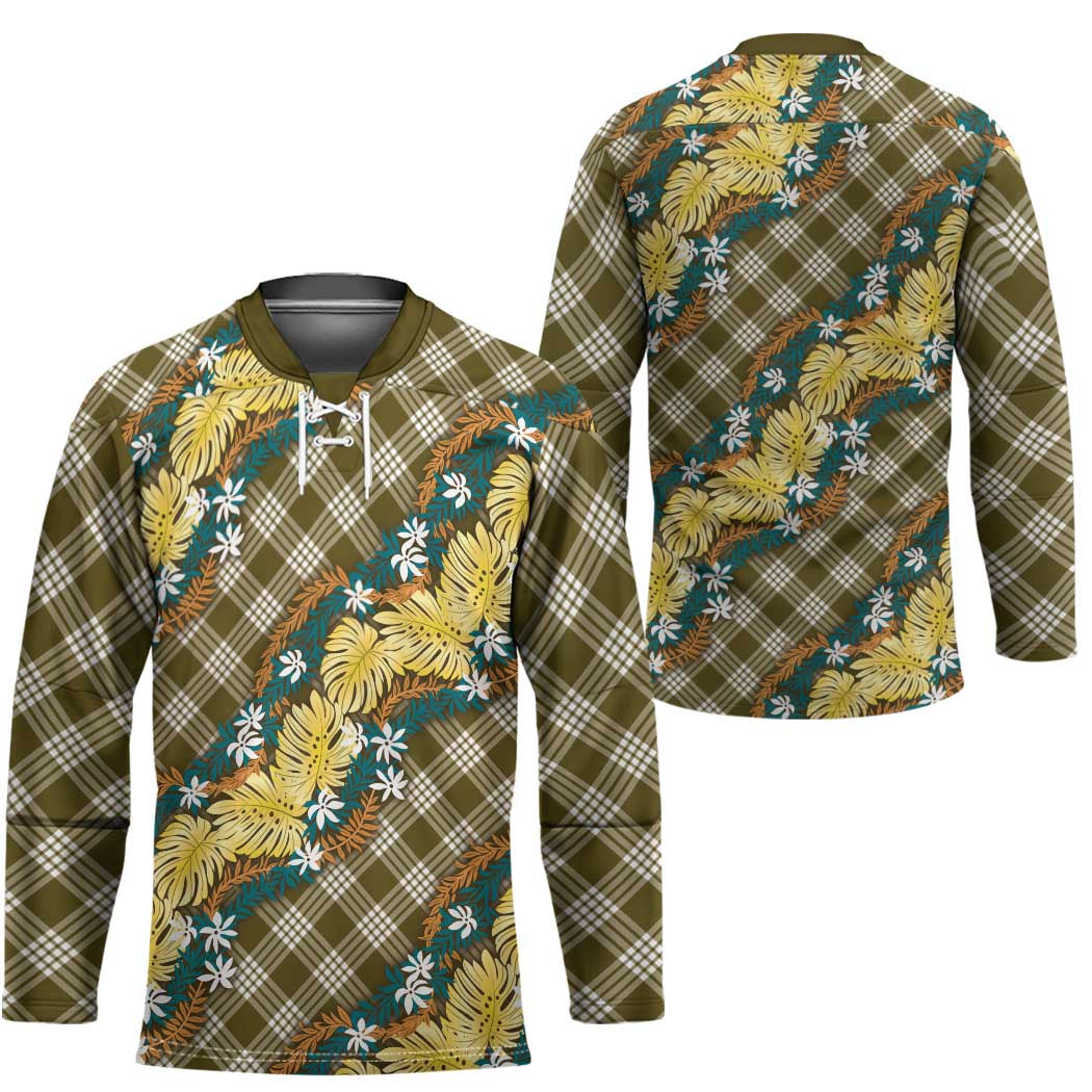 Polynesian Monstera Tiare Floral Hockey Jersey Yellow Tropical Plaid - Polynesian Pride