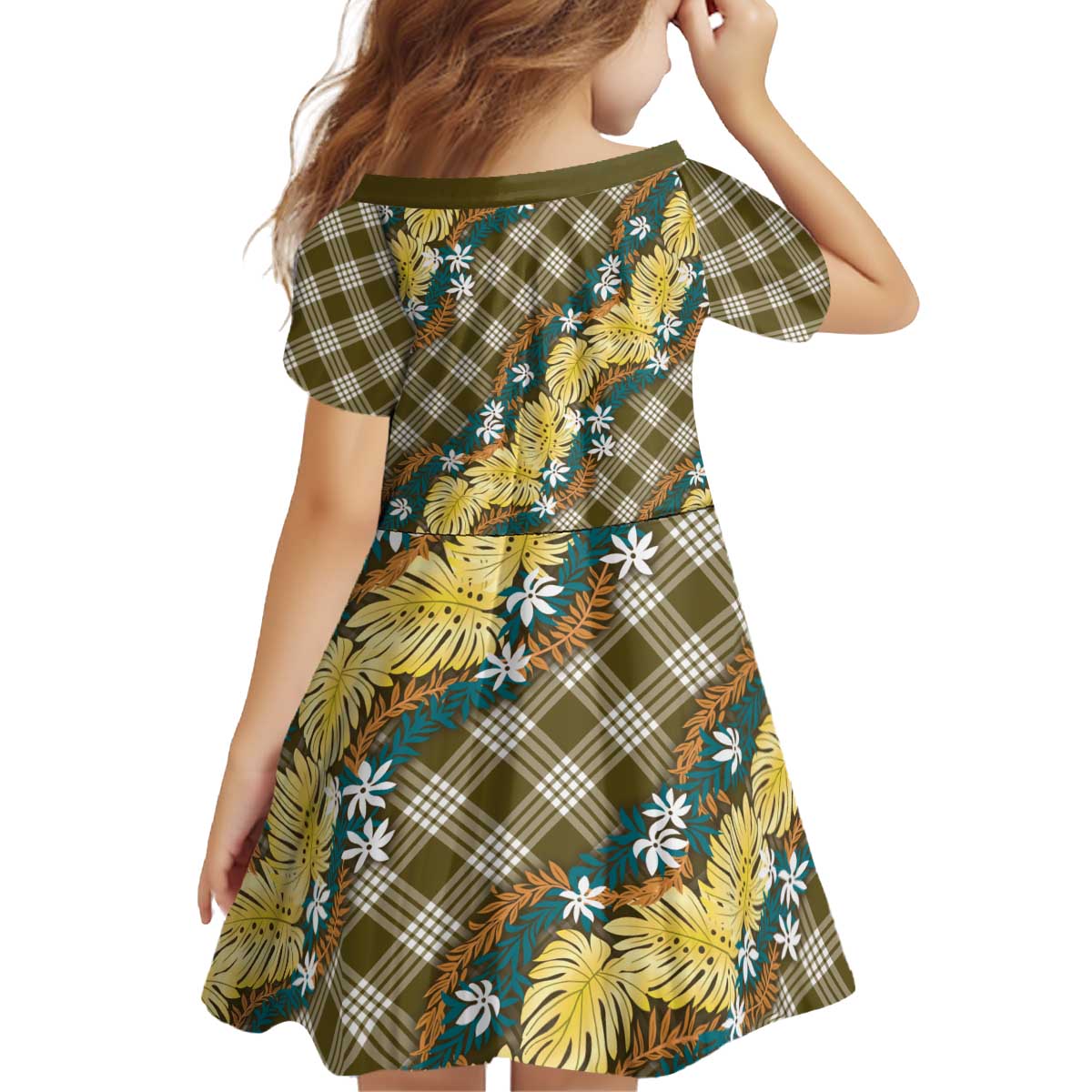 Polynesian Monstera Tiare Floral Kid Short Sleeve Dress Yellow Tropical Plaid - Polynesian Pride