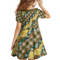 Polynesian Monstera Tiare Floral Kid Short Sleeve Dress Yellow Tropical Plaid - Polynesian Pride
