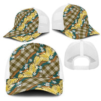 Polynesian Monstera Tiare Floral Mesh Trucker Cap Yellow Tropical Plaid - Polynesian Pride