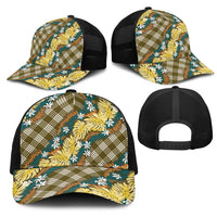 Polynesian Monstera Tiare Floral Mesh Trucker Cap Yellow Tropical Plaid - Polynesian Pride