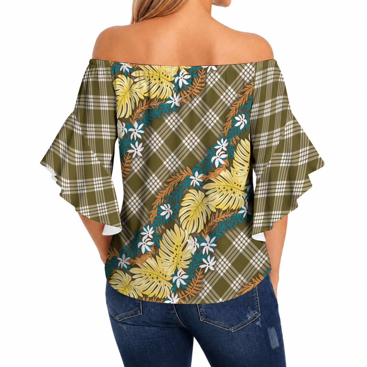 Polynesian Monstera Tiare Floral Off Shoulder Wrap Waist Top Yellow Tropical Plaid LT01 - Polynesian Pride