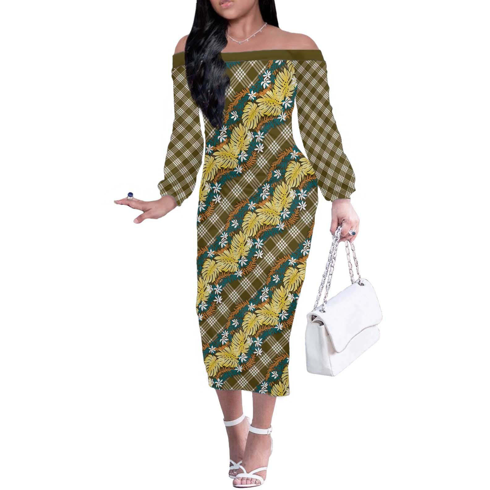 Polynesian Monstera Tiare Floral Off The Shoulder Long Sleeve Dress Yellow Tropical Plaid LT01 Women Yellow - Polynesian Pride