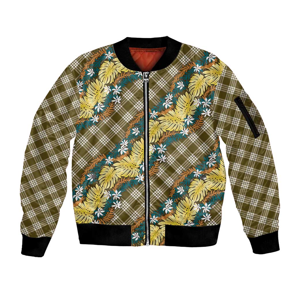 Polynesian Monstera Tiare Floral Sleeve Zip Bomber Jacket Yellow Tropical Plaid LT01 Unisex Yellow - Polynesian Pride