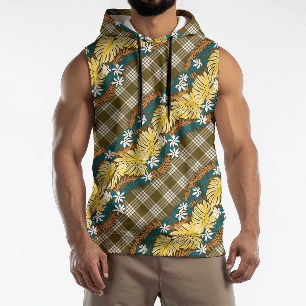 Polynesian Monstera Tiare Floral Sleeveless Hoodie Yellow Tropical Plaid - Polynesian Pride
