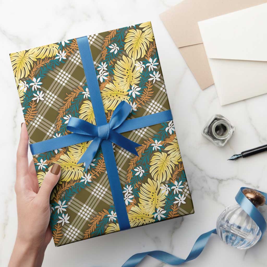 Polynesian Monstera Tiare Floral Wrapping Paper Yellow Tropical Plaid - Polynesian Pride