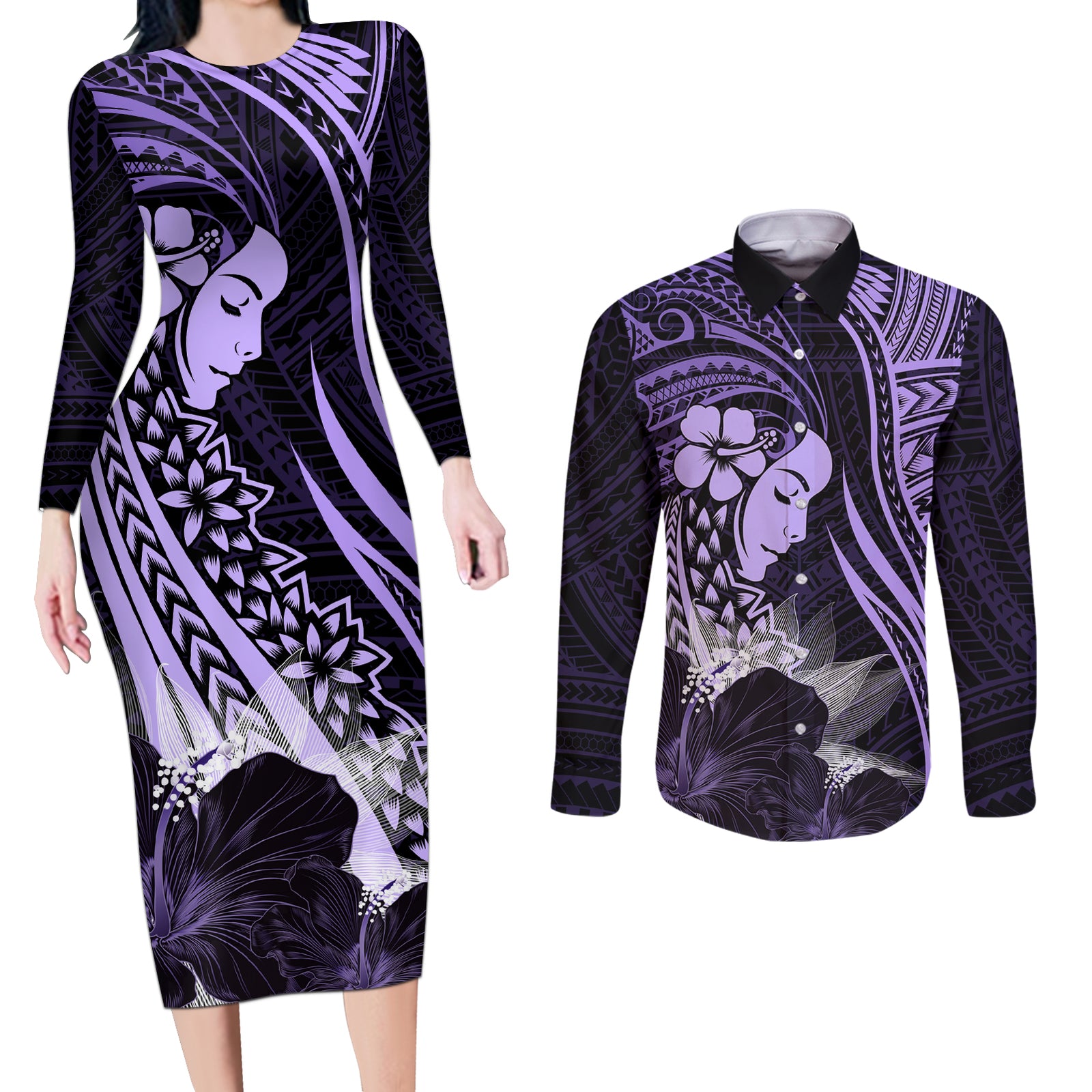 Polynesian Women Day 2024 Couples Matching Long Sleeve Bodycon Dress and Long Sleeve Button Shirt Hibiscus Girl Tribal LT01 Purple - Polynesian Pride