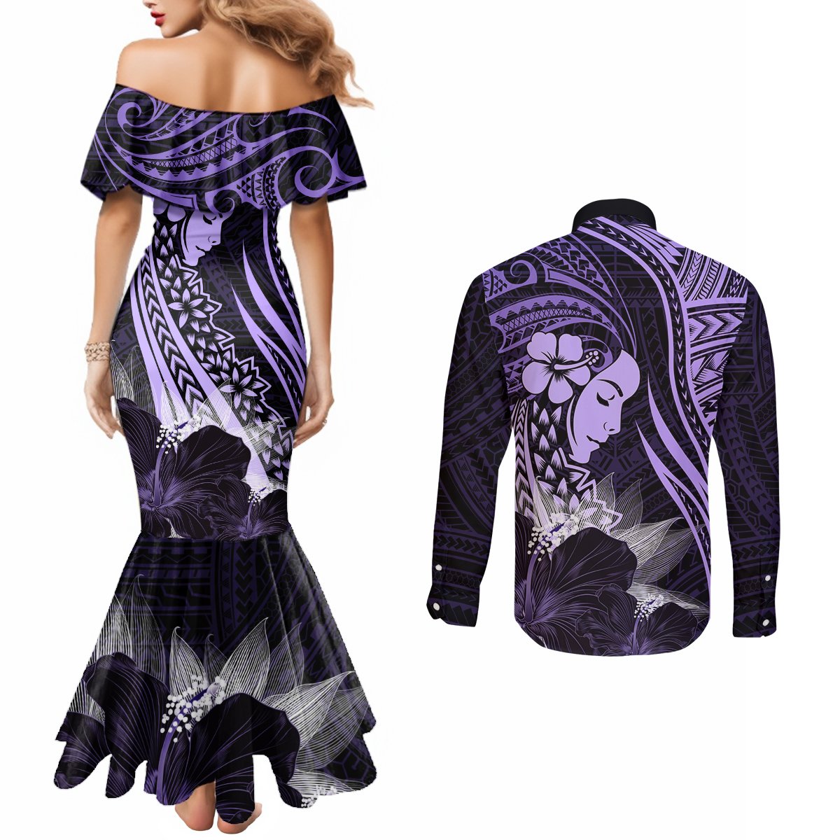 Polynesian Women Day 2024 Couples Matching Mermaid Dress and Long Sleeve Button Shirt Hibiscus Girl Tribal LT01 - Polynesian Pride