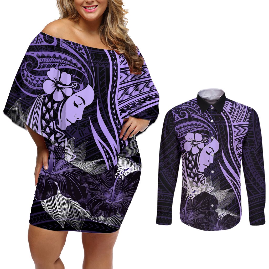 Polynesian Women Day 2024 Couples Matching Off Shoulder Short Dress and Long Sleeve Button Shirt Hibiscus Girl Tribal LT01 Purple - Polynesian Pride