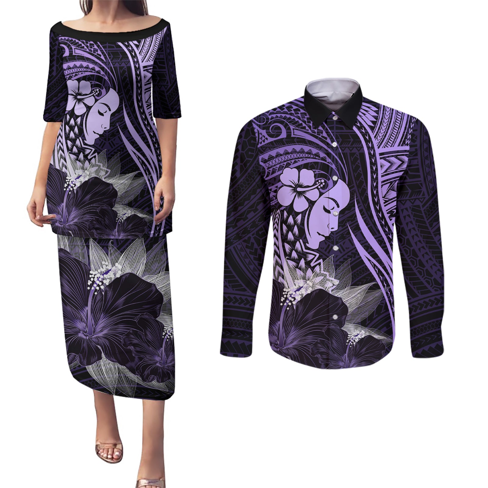 Polynesian Women Day 2024 Couples Matching Puletasi and Long Sleeve Button Shirt Hibiscus Girl Tribal LT01 Purple - Polynesian Pride