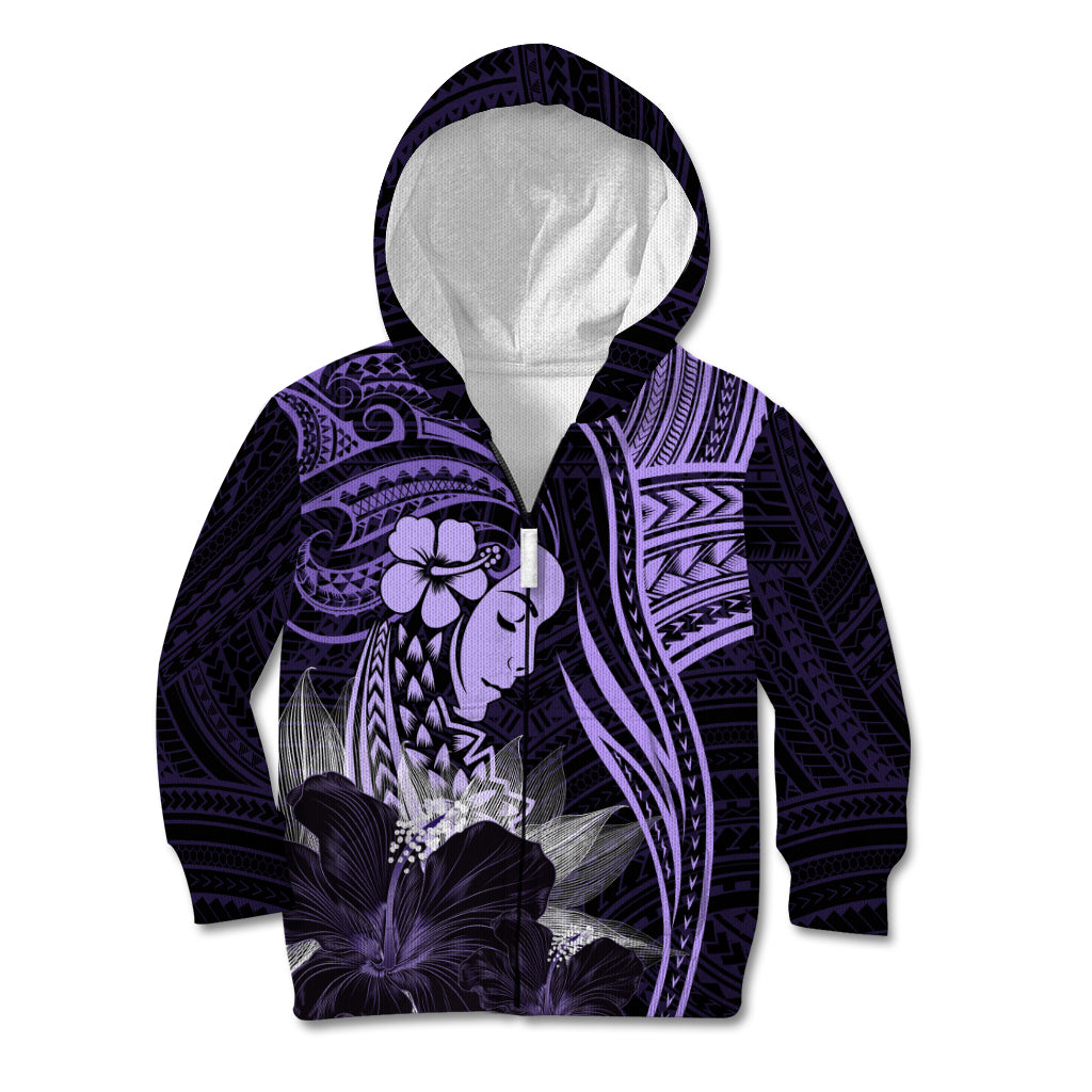 Polynesian Women Day 2024 Kid Hoodie Hibiscus Girl Tribal LT01 Zip Hoodie Purple - Polynesian Pride