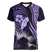 Polynesian Women Day 2024 Women V Neck T Shirt Hibiscus Girl Tribal LT01 Female Purple - Polynesian Pride