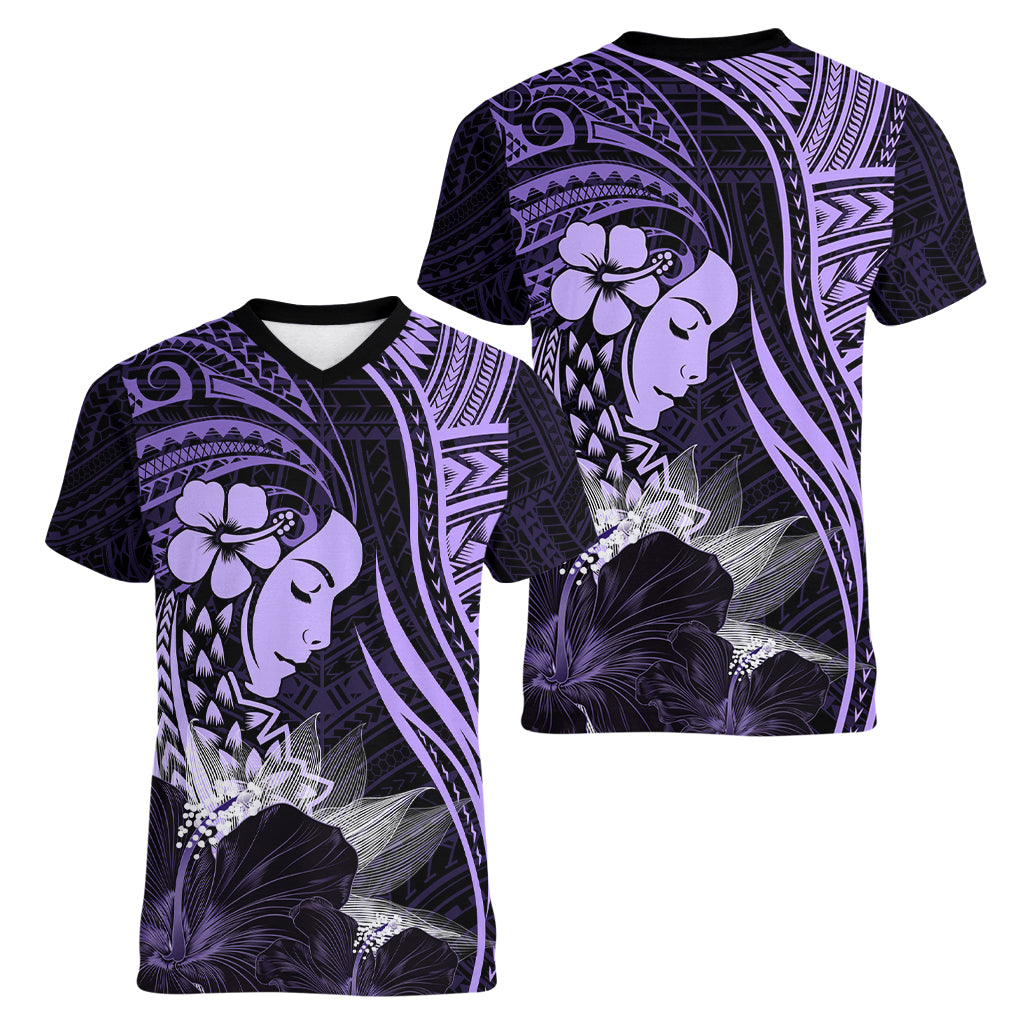 Polynesian Women Day 2024 Women V Neck T Shirt Hibiscus Girl Tribal LT01 - Polynesian Pride