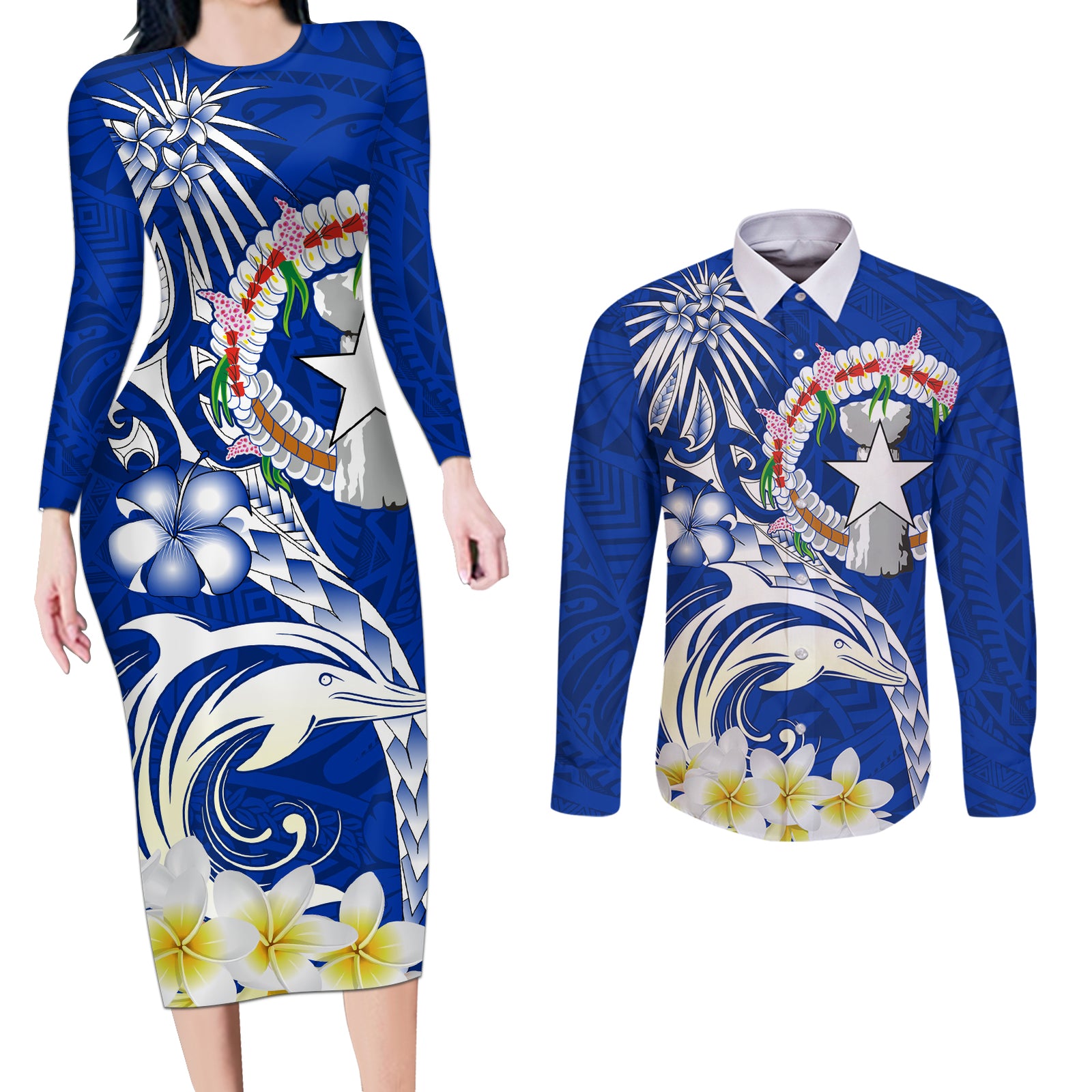Northern Mariana Islands Commonwealth Day 2024 Couples Matching Long Sleeve Bodycon Dress and Long Sleeve Button Shirt Dolphin With Plumeria Flower LT01 Blue - Polynesian Pride