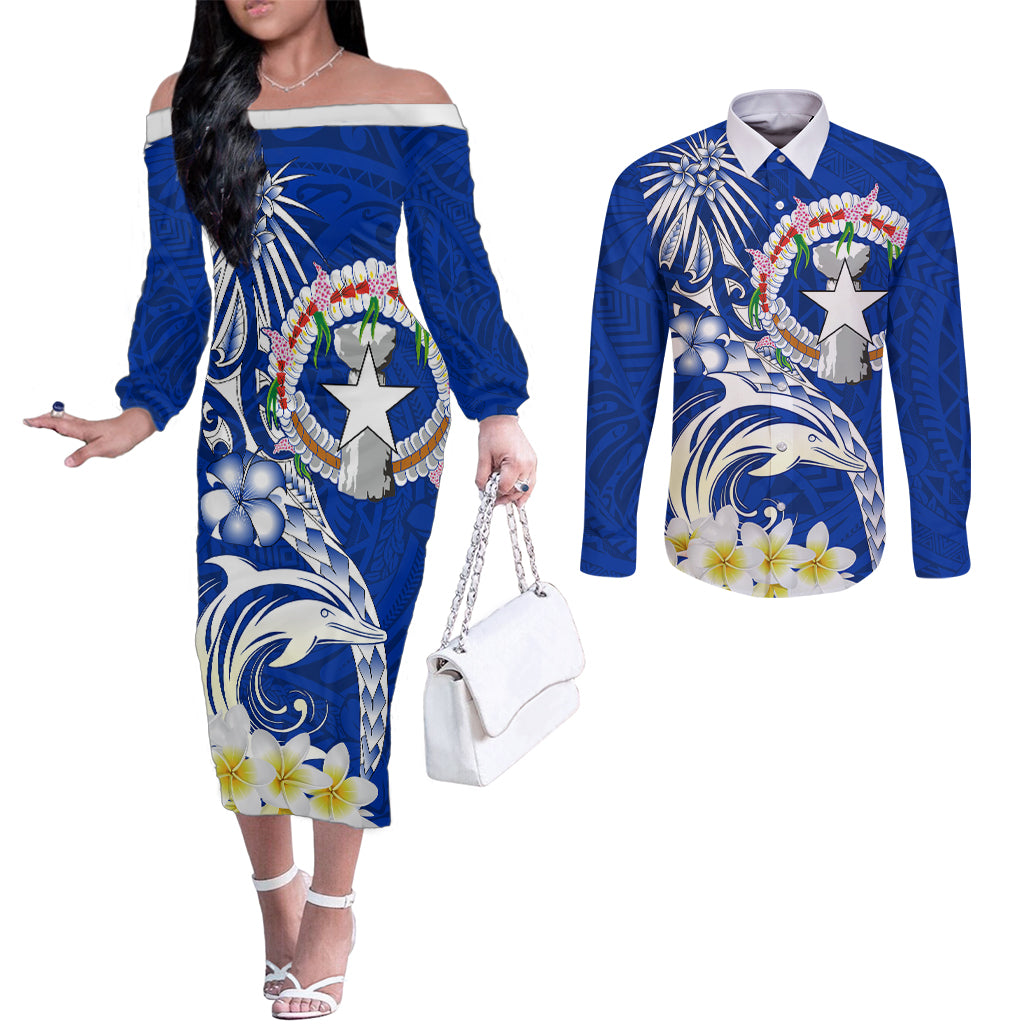 Northern Mariana Islands Commonwealth Day 2024 Couples Matching Off The Shoulder Long Sleeve Dress and Long Sleeve Button Shirt Dolphin With Plumeria Flower LT01 Blue - Polynesian Pride
